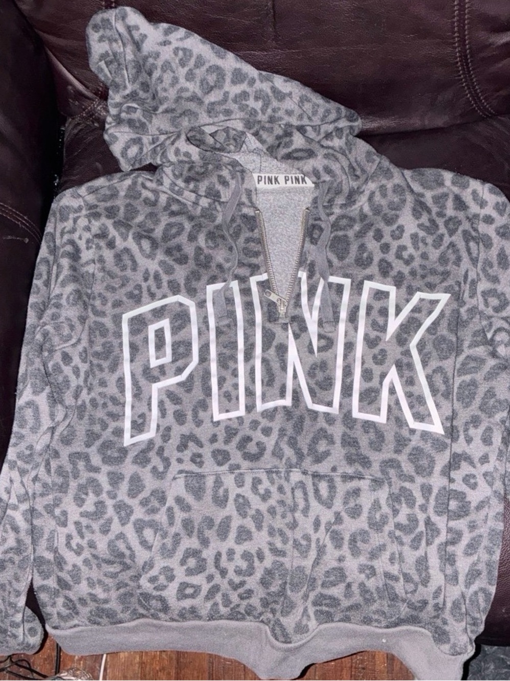 PINK Victoria's Secret Gray Leopard Half-Zip Hoodie